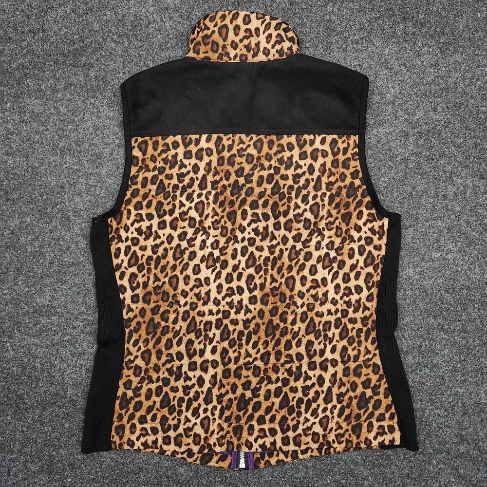 Lauren Ralph Lauren Womens Small Leopard Print Quilted Vest Black Suede Mob Wife